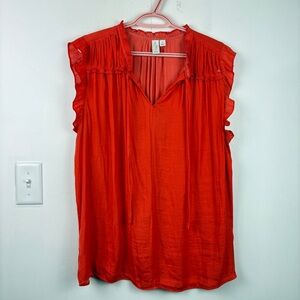 Joie Red-Orange Sleeveless Ruffled Blouse